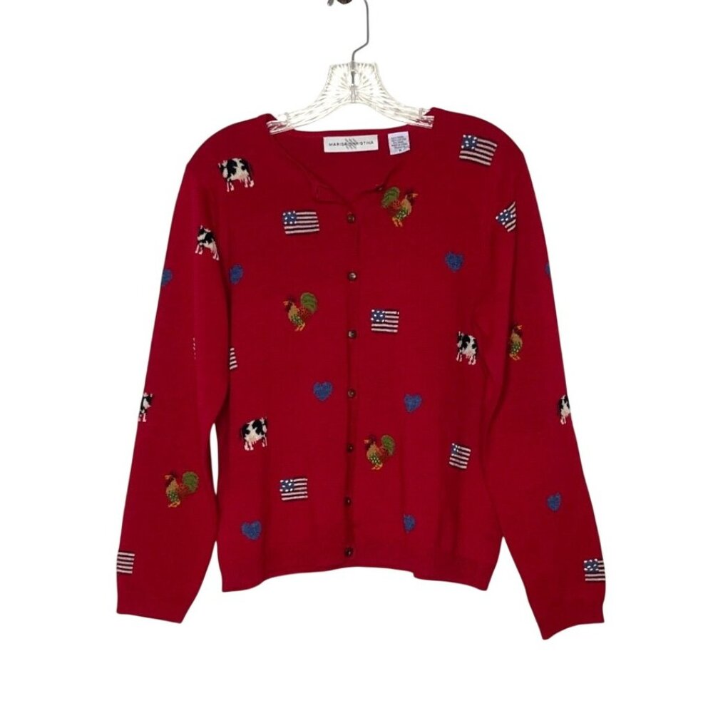 Vtg Patriotic Sweater Marisa Christina US Flag Farm Embroidered Americana Size M